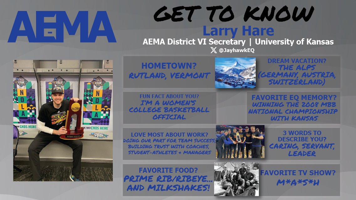 AEMA_74's tweet photo. 𝓖𝓮𝓽 𝓣𝓸 𝓚𝓷𝓸𝔀: 𝓐𝓔𝓜𝓐 𝓜𝓮𝓶𝓫𝓮𝓻𝓼𝓱𝓲𝓹     

Larry Hare E.M., C.
@JayhawkEQ
District 6 Secretary | University of Kansas | @AEMA_District6 

#SafetyServiceSwag https://t.co/TFJunJmXrR