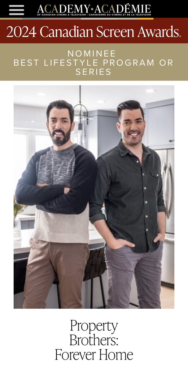 I couldn’t be more proud of our Property Brothers: Forever Home team for a well-deserved Canadian Screen Awards nomination!