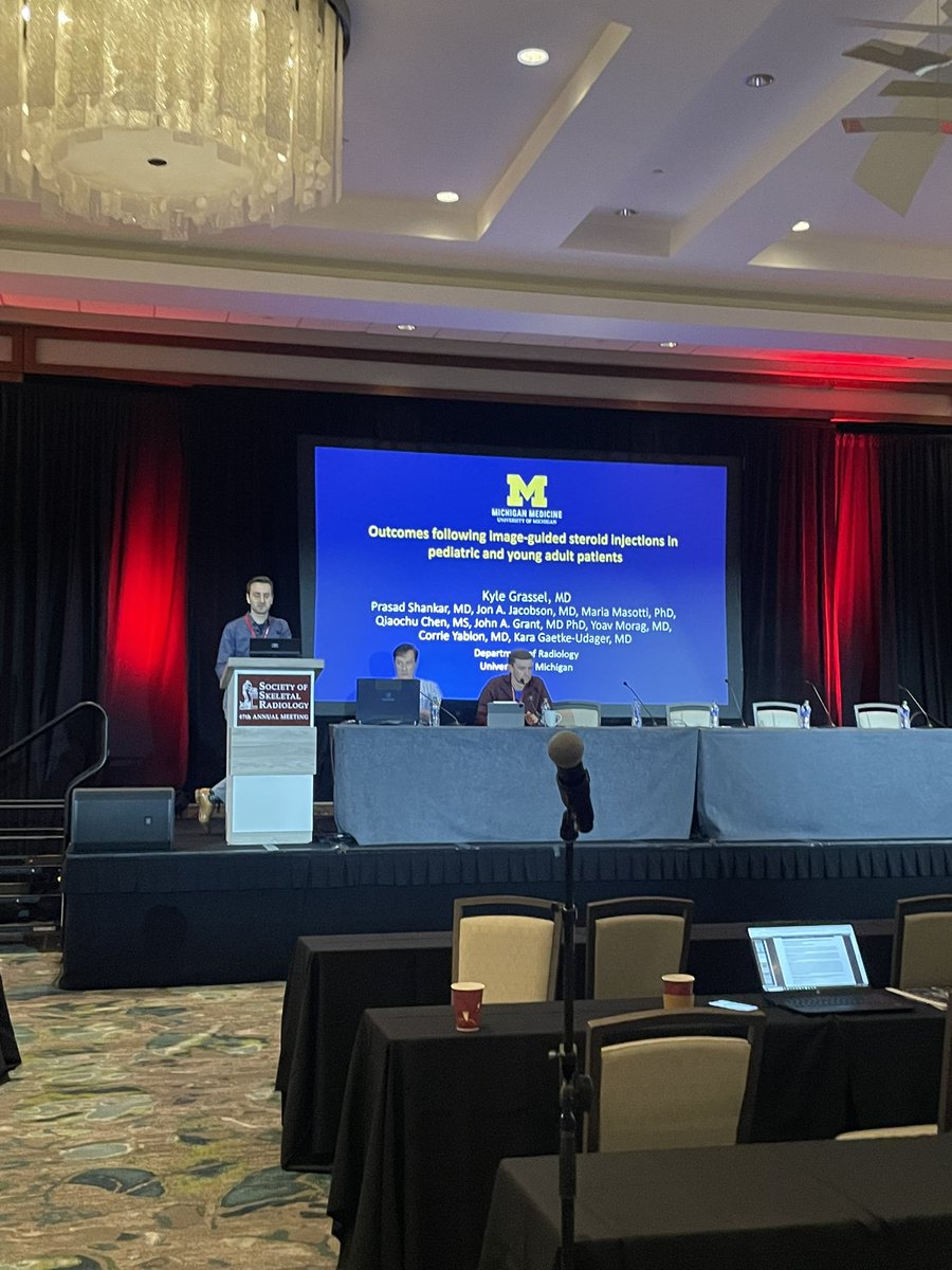 Fantastic presentation by U of M MSK fellow Kyle Grassel today at #SSR2024 about intra-articular steroid injections in young patients! @PrasadShankarMD @jjacobsn @JohnAGrant3 @CorrieYablonMD @UMichRadiology