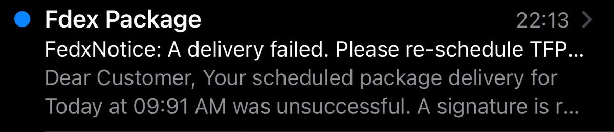 “Your Fdex package scheduled for 09:91am was not delivered…” Ahh yes, this sure does look legit!