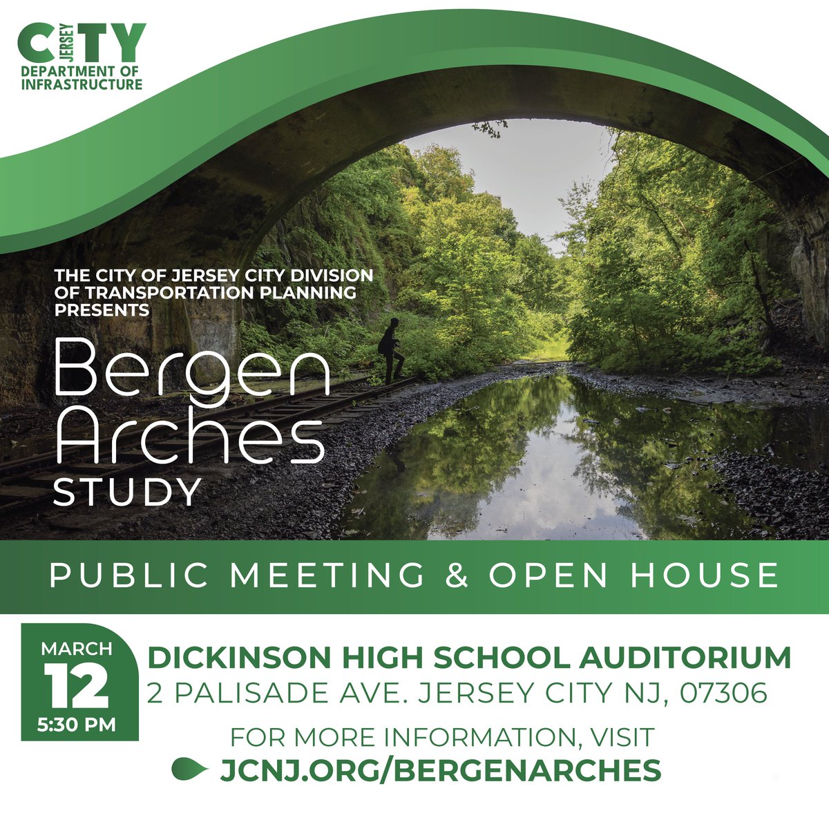 Public Meeting Re: Bergen Arches Feasibility Study!

Learn about the project &amp; help shape the vision for Jersey City's next shared-use greenway! 

Tuesday, March 12th, 5:30 - 7:30 pm 
Dickinson High School (Auditorium), 
2 Palisade Ave, JC, NJ, 07306
jcnj.org/bergenarches