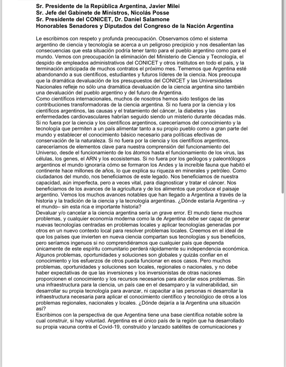 GyengeJavier's tweet photo. Carta de 68 premios Nobel dirigida a Javier Milei en defensa del sistema de ciencia y técnica en Argentina. 🇦🇷
👉 Se pide difundir esta nota! 👈Gracias!!

#AbrazoMundialCienciaArgentina #CienciaEsFuturo #CienciaEsOrgullo https://t.co/ccUWWVFMyc