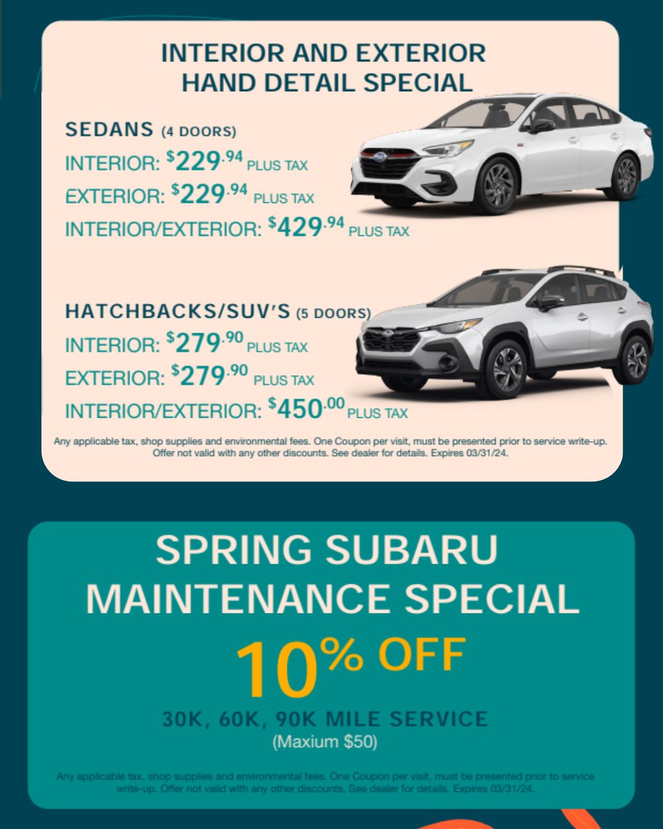 It's time to kick start your spring cleaning at Ciocca Subaru of Allentown! 

Call us at (215) 375-7634 or head to CioccaSubaru.com to schedule an appointment and check out all of our current specials.

#cioccaonsocial #subaru #allentown #service #specials