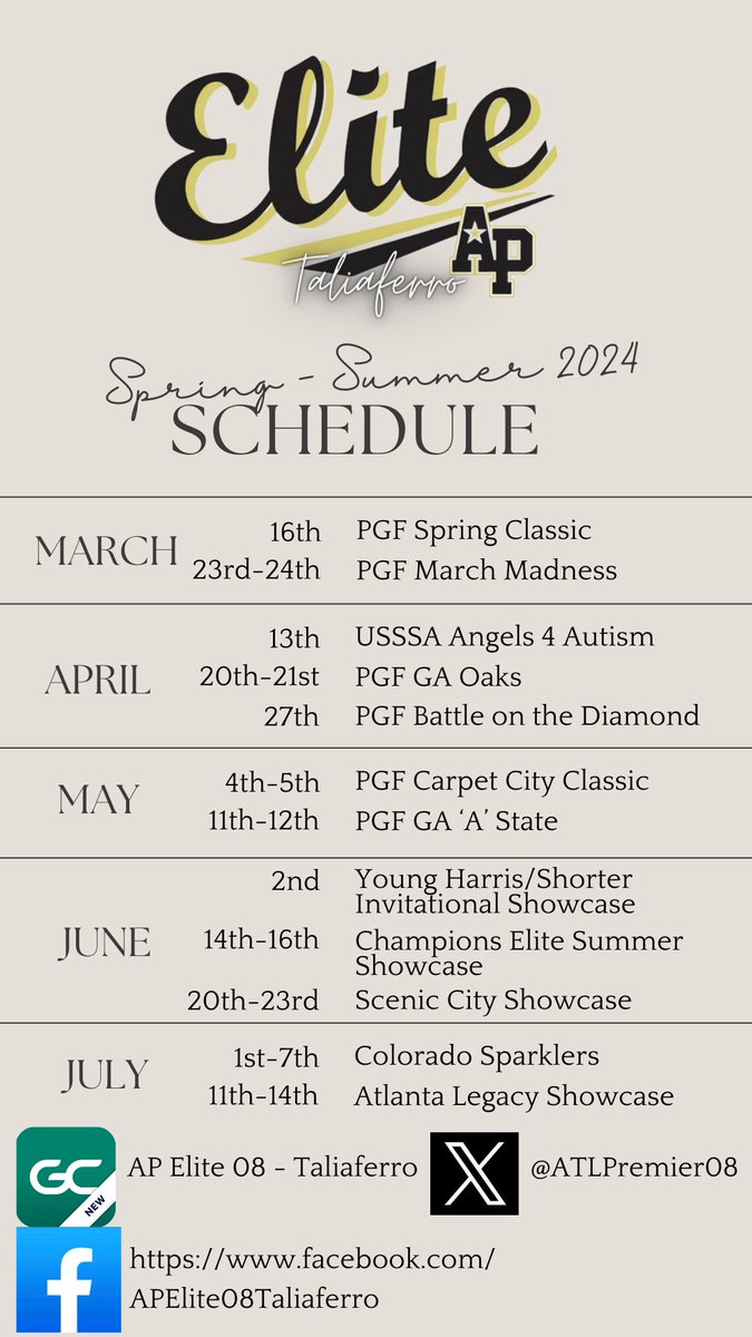 Updated spring/ summer schedule! Let’s go!

#APproud
#BeElite