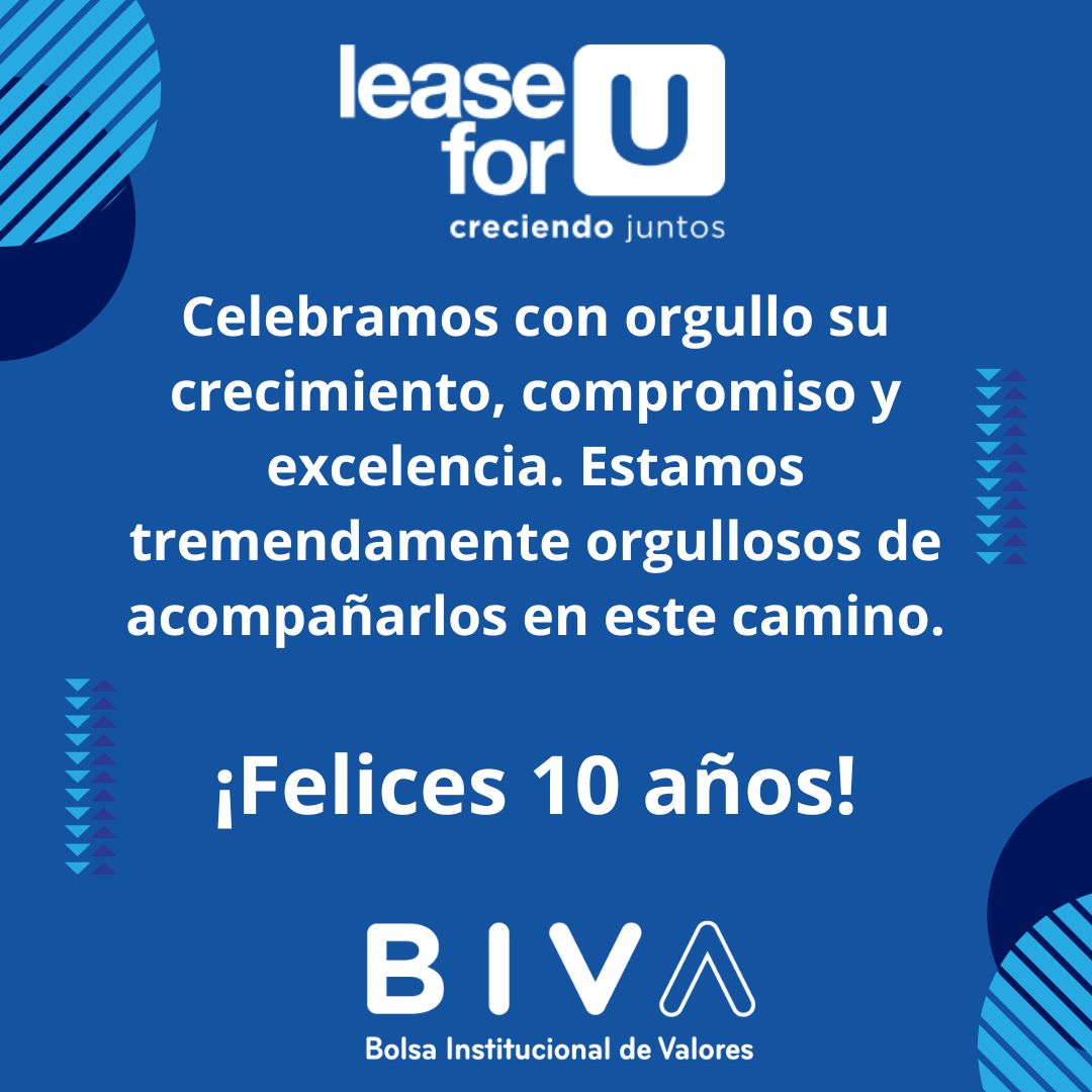 Celebramos con orgullo a @lease_for_u, parte de la #familiaBIVA, por sus 10 años de éxito en el financiamiento de equipo médico. Gracias a su compromiso y excelencia, han revolucionado el apoyo a especialistas, convirtiéndose en líderes del sector. ¡Felices 10 años de innovación