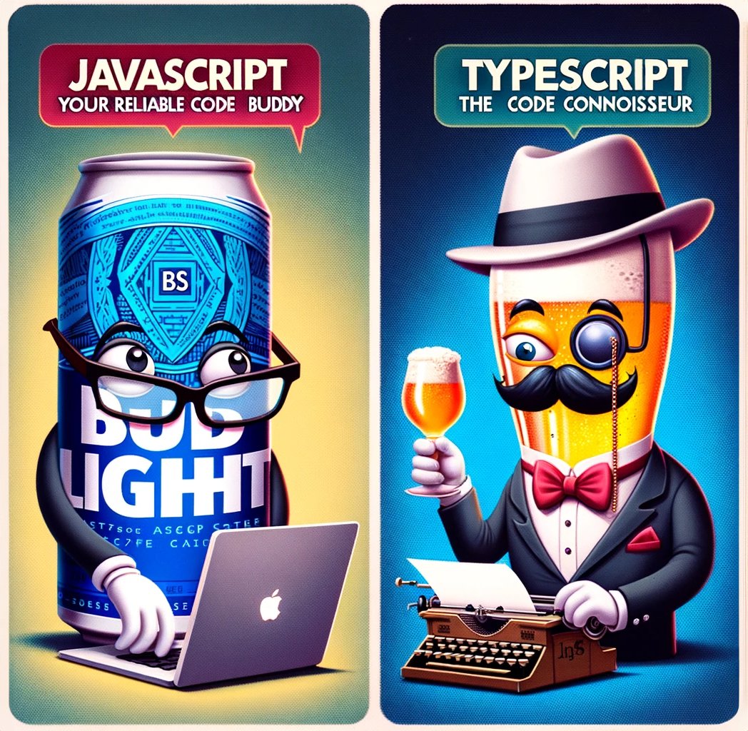JavaScript == Bud Light
👉 Widely available, gets the job done, and you can find it at every party. 

TypeScript == A craft IPA
👉A refined taste, a bit more exclusive, and it makes you feel more sophisticated while debugging. 🍻