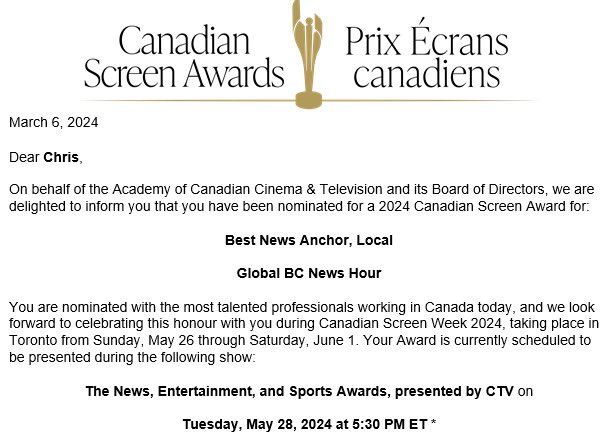 I’m honored to receive this nomination from the Canadian Screen Awards (along with the great @sophielui) but even more proud that the Global BC News Hour at 6 is nominated in the category of Best Newscast. Our team works hard every day to earn your trust. #teamwork @GlobalBC