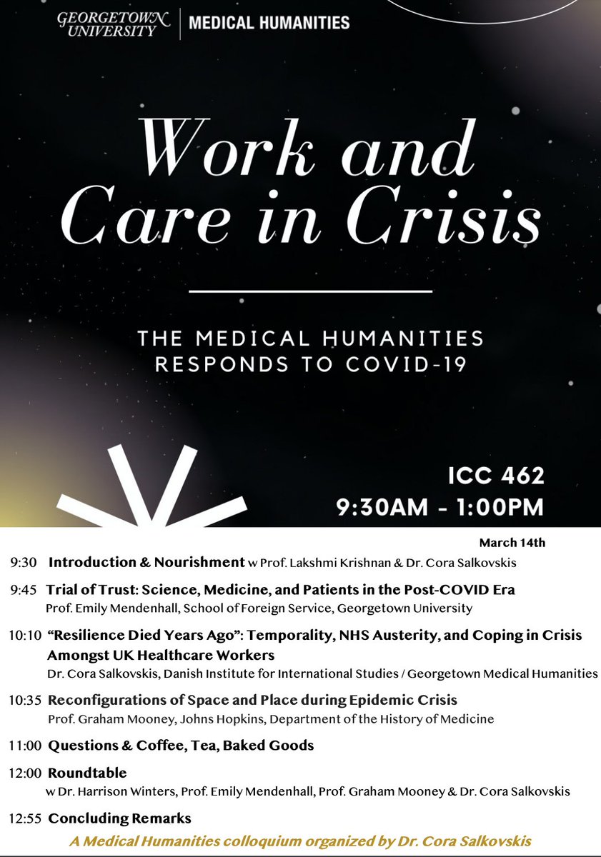 "Work and Care in Crisis." The Medical Humanities Responds to Covid-19"
A symposium organized by <a href="/GUMedHum/">Georgetown Medical Humanities Initiative</a>,  Thursday, March 14, 9:30AM-1:00PM, ICC 462