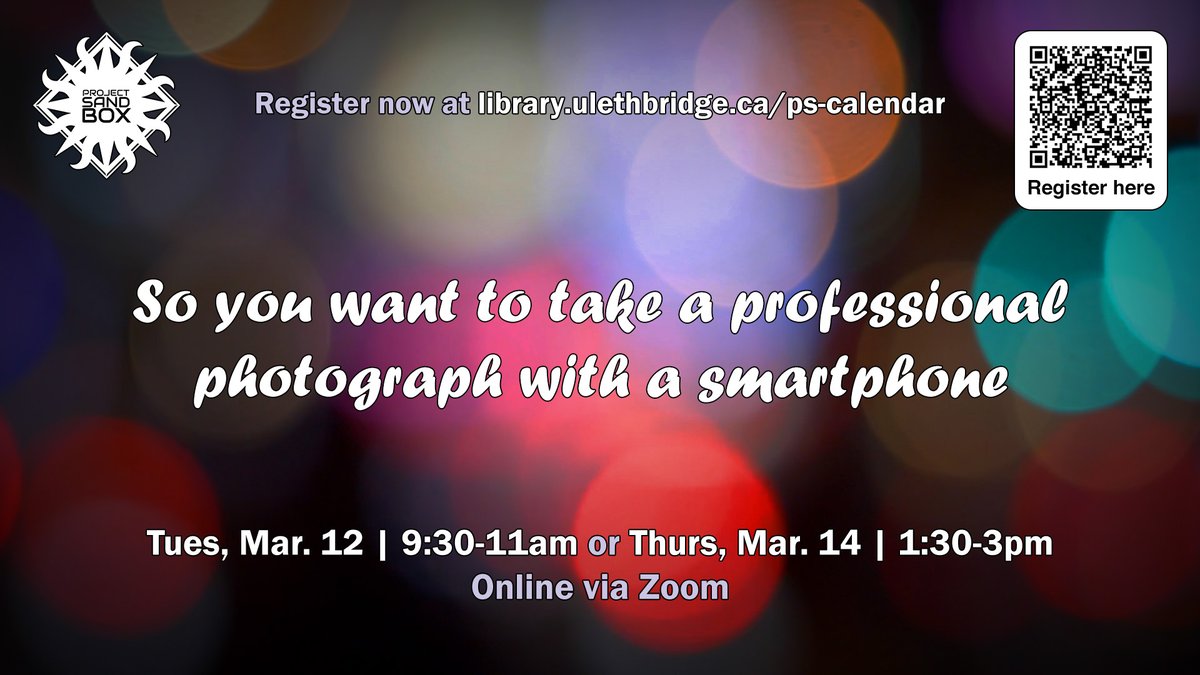 ulethlibrary's tweet image. *NEW WORKSHOP*

&quot;So you want to take a professional photograph with a smartphone&quot; Online via Zoom Workshops 📱🤳

🔗Details &amp;amp; registrations:

&amp;gt; Tu, Mar 12; 9:30–11am; myexperience.uleth.ca/openEvents.htm…

OR

&amp;gt; Th, Mar 14; 1:30–3pm; myexperience.uleth.ca/openEvents.htm…

#ULethbridge #ProjectSandbox