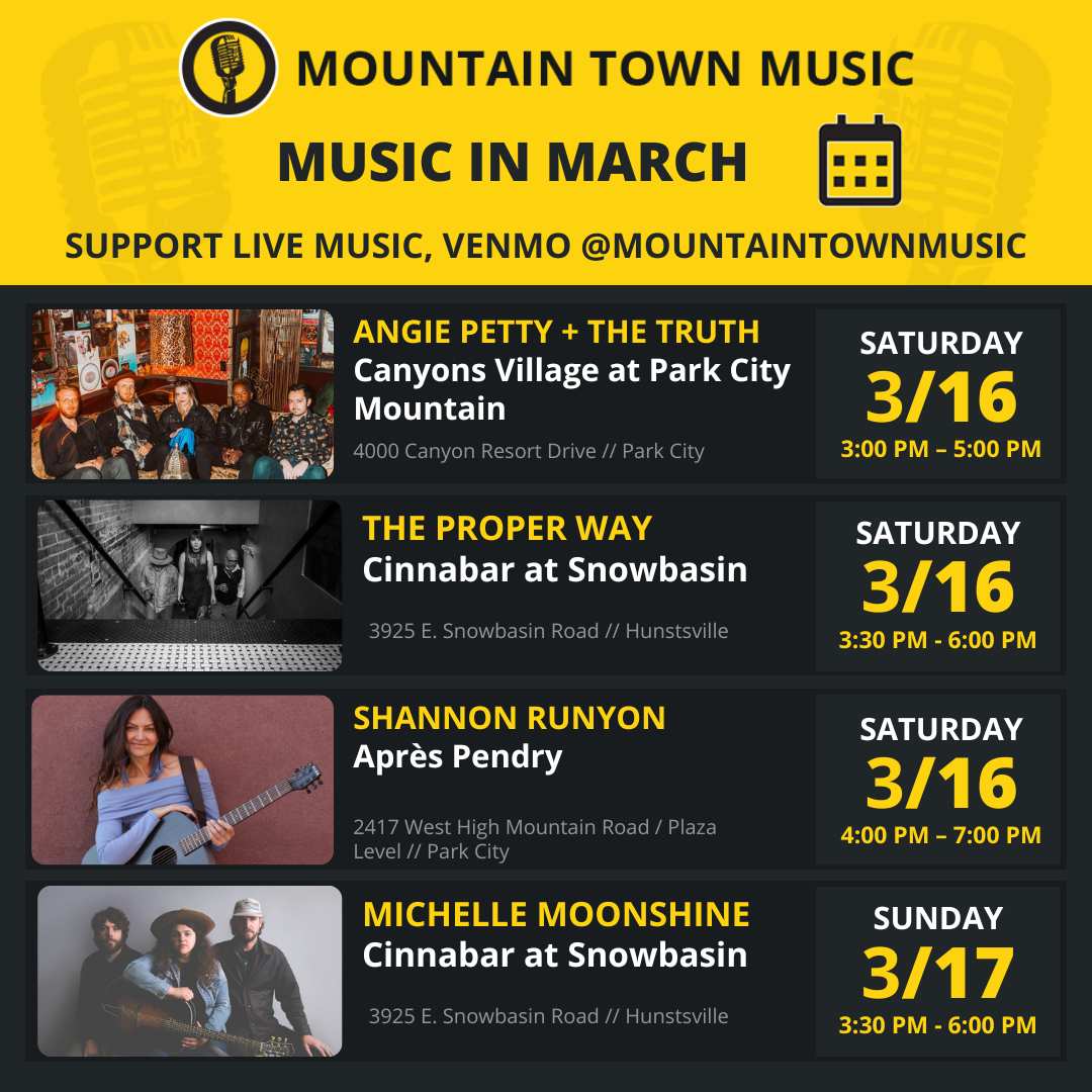 Get into the Groove with Mountain Town Music ~ Check out all the amazing free live music happening in Summit County this month! Get out and be social. It's time for some fun!

#LiveMusic #ParkCity #HaveFun #LocalArtists #LocalMusic #SummitCounty