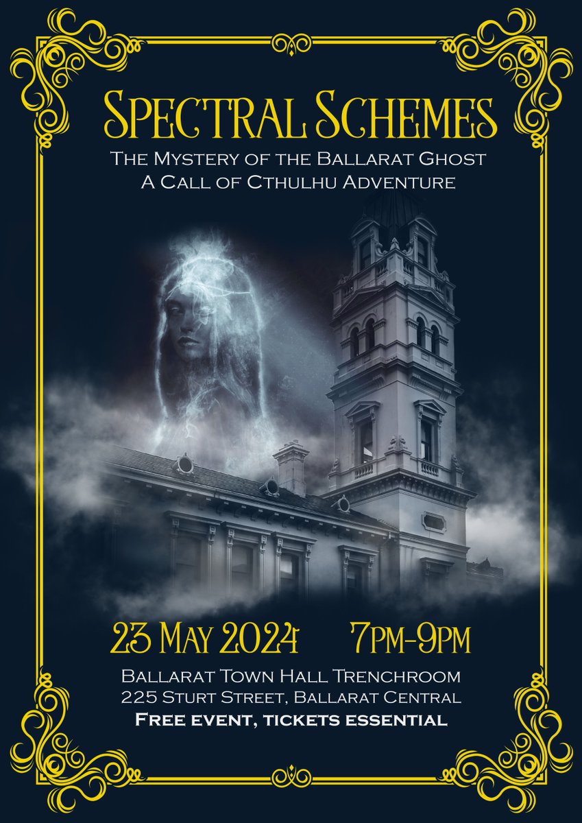 DavidWaldron50's tweet photo. #ballaratheritagefestival
Come see the sequel to our award winning Call of Cthulhu Liveplay on the 23rd of May.  

https://t.co/2m2SUes8yq

"Spectral Schemes: the Mystery of the Ballarat Ghost" adapted from Kat Clay's "The Hammersmith Haunting"
https://t.co/qyTMh8XxFy https://t.co/amU2zJ1LKV