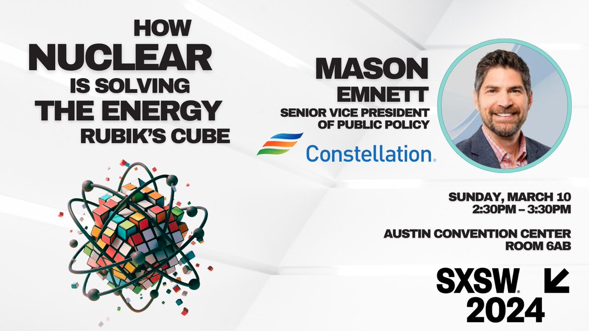 NuclearTexas's tweet photo. #SXSWPresenter spotlight: Mason Emnett, SVP of Public Policy for @ConstellationEG, the nation’s largest producer of carbon-free energy. If you're attending #SXSW2024 check out our panel, more info here: https://t.co/lHPsNJncpT #energytwitter #SXSW #txlege https://t.co/6EJrWqhKCS