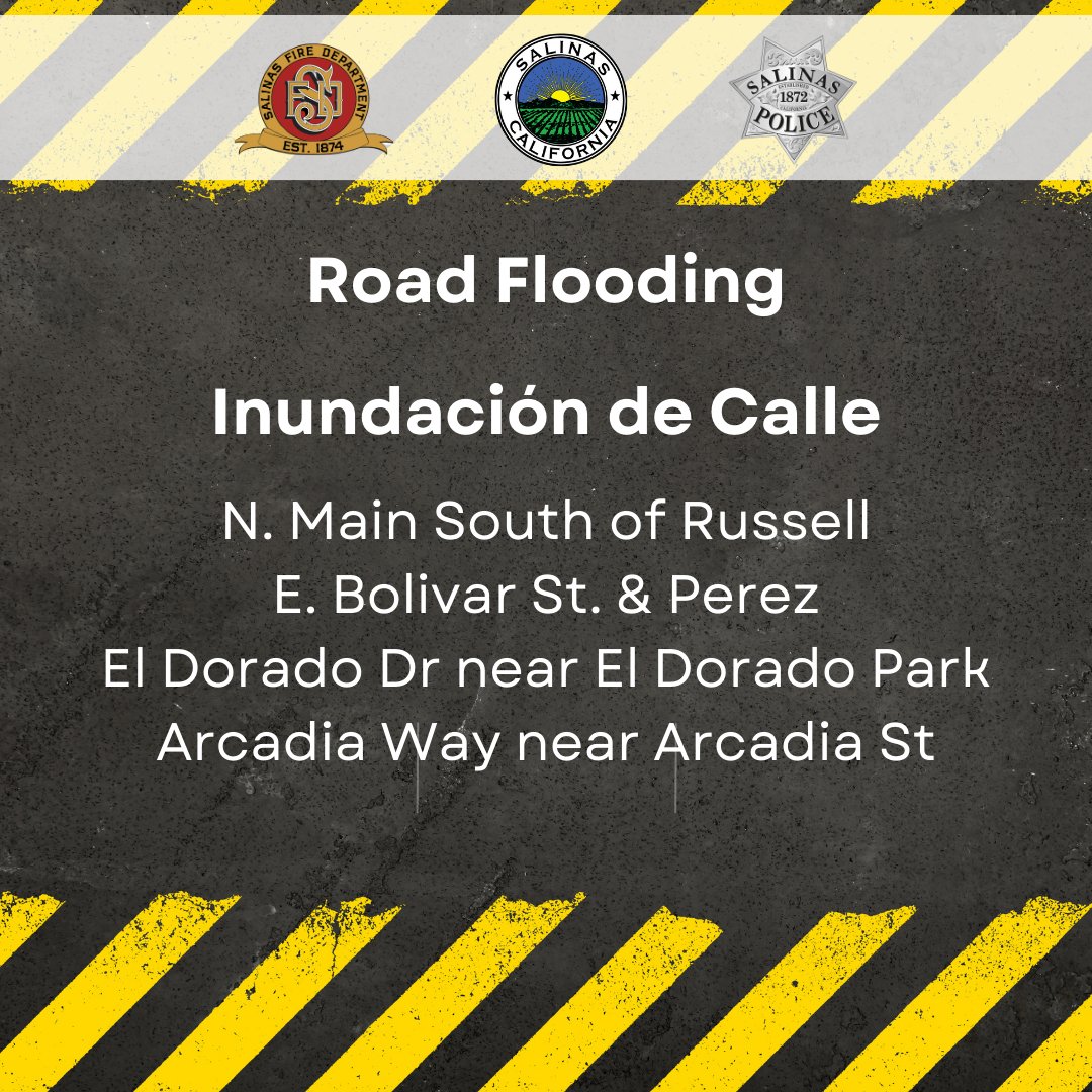 Reports of Road Flooding - Our teams are actively addressing reports of flooding in Salinas. Expect some delays, drive slowly, and watch for public works and public safety personnel.