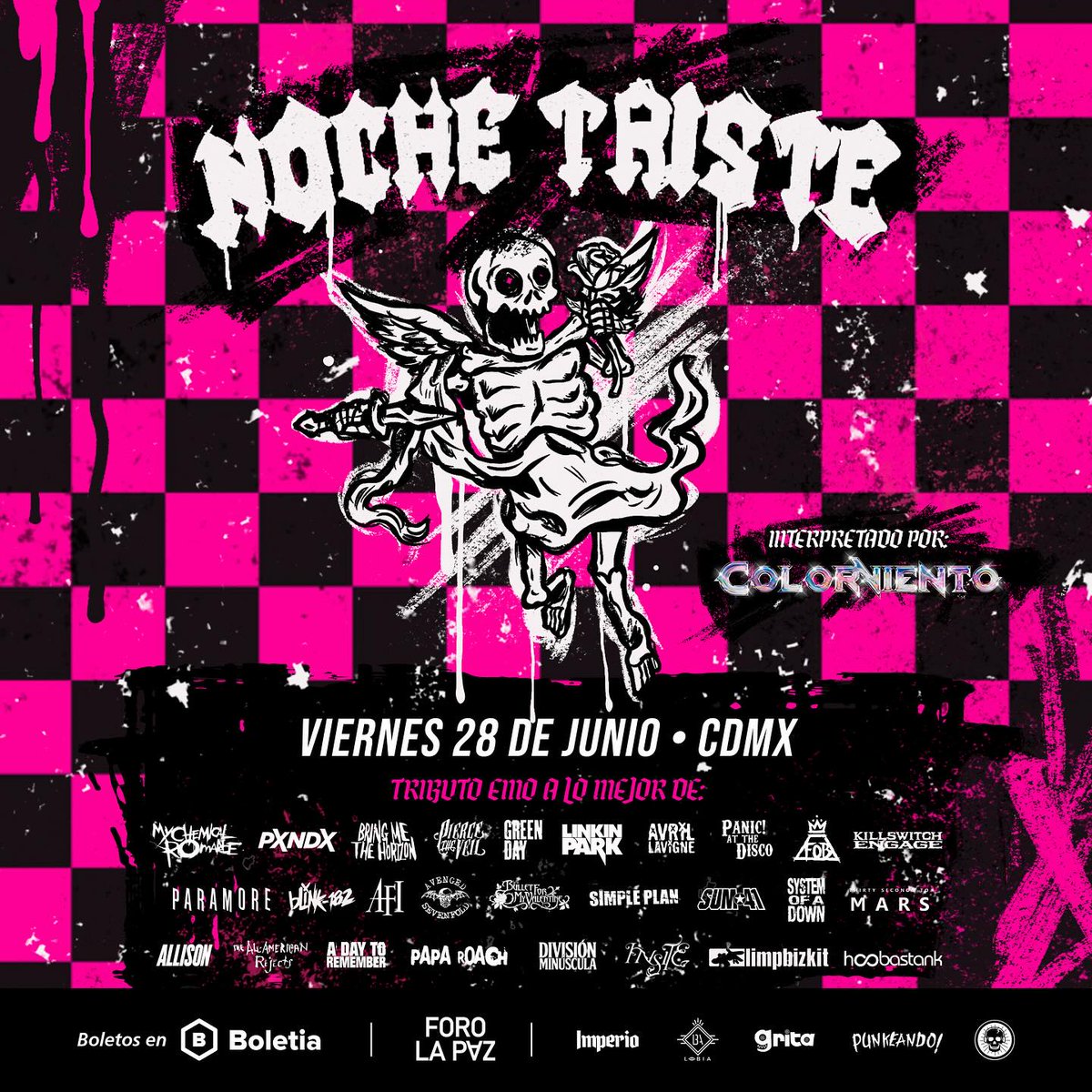 Regresamos a CDMX el próximo viernes 28 de Junio en <a href="/foro_lapaz/">Foro La Paz</a> con un setlist diferente, nuevos invitados y un bloque de canciones del “Three Cheers for sweet revenge” de My Chemical Romance a cargo de <a href="/colorviento___/">Colorviento</a>
Boletos disponibles en noche-triste-cdmx.boletia.com