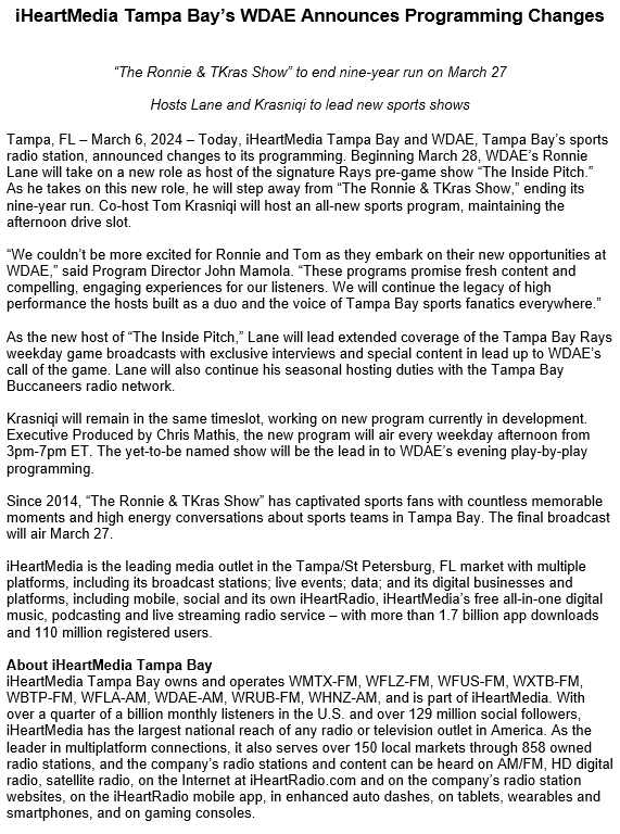 95.3 WDAE & AM620 (@953wdae) on Twitter photo 🚨 Programming Announcement 🚨
The Final Ronnie & TKras Show
🗓️ Wednesday March 27th
🕒 3pm - 6pm
🏠 <a href="/SHRTampa/">Seminole Hard Rock Tampa</a>
Come Out, Listen, And Celebrate The Final Program w/<a href="/953WDAE/">95.3 WDAE & AM620</a>
<a href="/RonnieNTL/">Ronnie Lane</a> <a href="/TKras/">Tom Krasniqi</a> 🚨 Programming Announcement 🚨
The Final Ronnie & TKras Show
🗓️ Wednesday March 27th
🕒 3pm - 6pm
🏠 <a href="/SHRTampa/">Seminole Hard Rock Tampa</a>
Come Out, Listen, And Celebrate The Final Program w/<a href="/953WDAE/">95.3 WDAE & AM620</a>
<a href="/RonnieNTL/">Ronnie Lane</a> <a href="/TKras/">Tom Krasniqi</a>