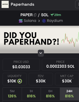 paperhandsonsol's tweet photo. ✅ $PAPER has been listed on DexScreener!

We've now been listed on DexScreener! Lezz goo!

🤙 Telegram: https://t.co/BDHniU94Bg https://t.co/UVumhDvJ6y