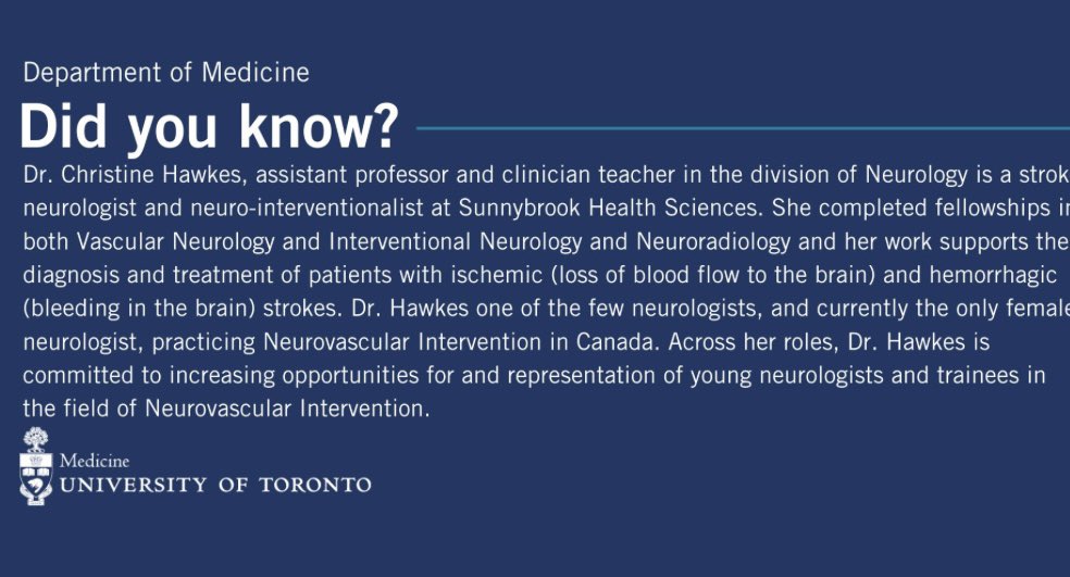 Special Neurology Grand rounds this Friday 8AM-9AM featuring Dr. Christine Hawkes, stroke expert at Sunnybrook Hospital. Dr. Hawkes will be sharing updates and her unique perspective on neuro-interventional care for ischemic stroke and other indications.