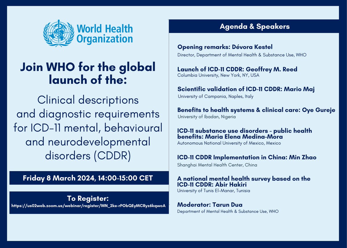 Join WHO for the global launch of the: Clinical descriptions and diagnostic requirements for ICD-11 mental, behavioural, and neurodevelopmental disorders (CDDR). Friday, March 08, 2024, 14:00-15:00 (CET). 
iupsys.net/who-global-lau…