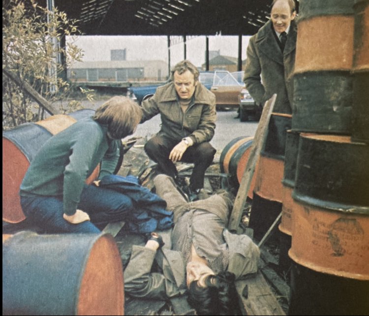 John Thaw, Dennis Waterman, Garfield Morgan and Billy Murray on the set of ‘Stoppo Driver’, which first aired on this day in 1975. #TheSweeneyOTD