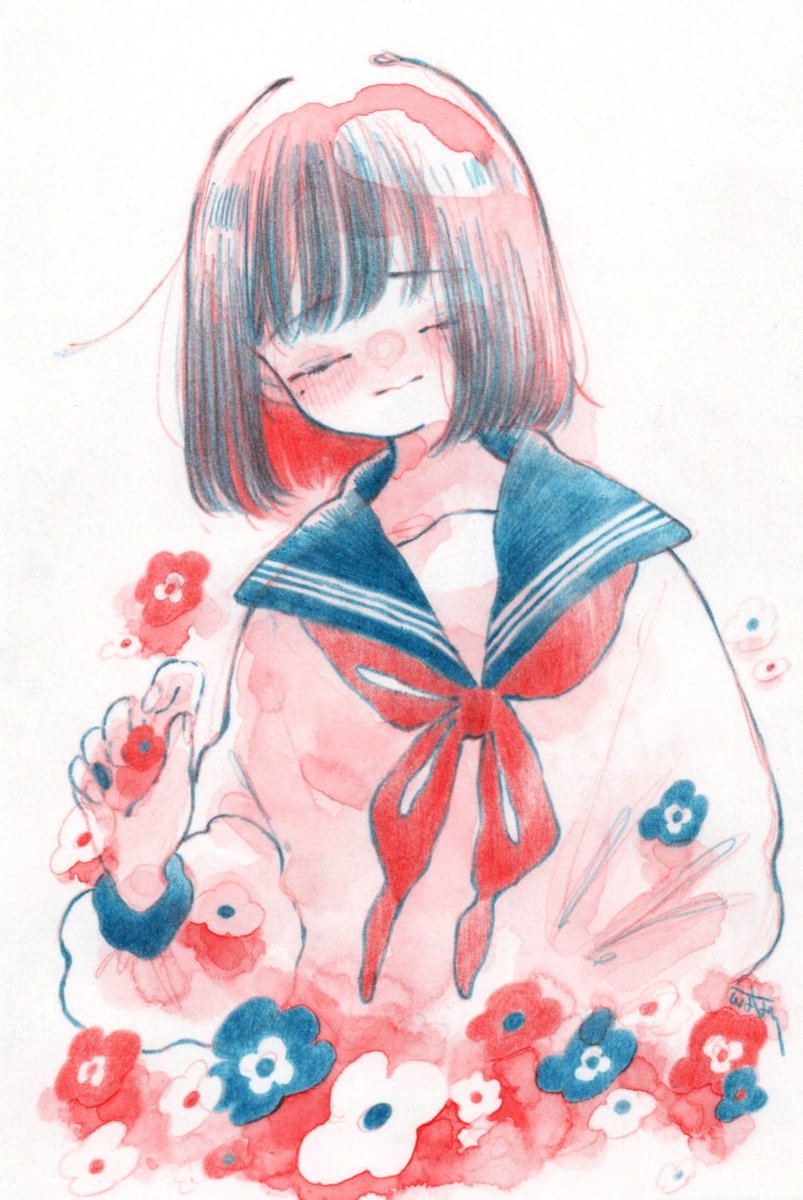 1girl solo flower sailor collar red neckerchief upper body neckerchief  illustration images