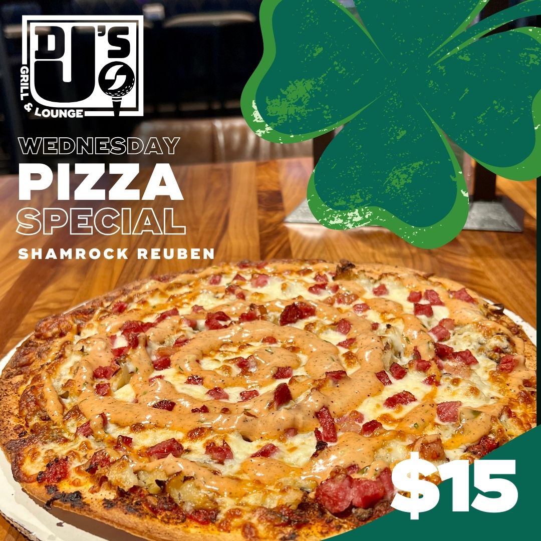 Suite_Shots's tweet photo. 🍀 Feeling lucky? 🍕
•
You should be because our Shamrock Reuben pizza is here to spice up your Wednesdays in March! Come into DJ's for this pot o' gold. 🌟
#LuckyBite #PizzaWednesdays #DJsGrilLounge #MeetPlayDine https://t.co/yYFzwYf6kK