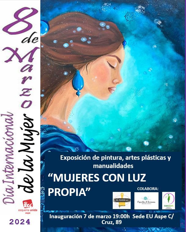 Mañana a 19 h. te esperamos para disfrutar con esta exposición, "Mujeres con Luz Propia", que reúne gran número de obras de arte 🎨 🖌️ 🪡 realizadas por mujeres de nuestra localidad de la asociación #FibroAspe #CaprichosdeHermanas y #ElTayer43 #DiaInternacionaldelaMujer #8demarzo