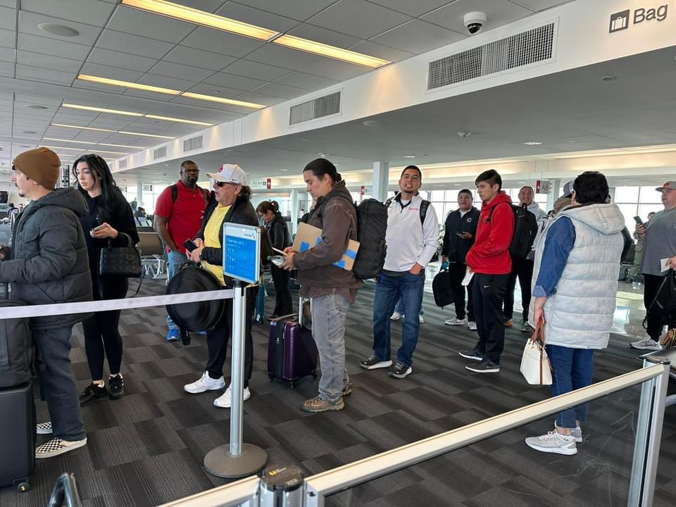 Osage Tribal Singers and Osage community members board their flight for Los Angeles on March 6, 2024 to perform at the 96th Academy Awards. 𐓏𐒰𐓇𐒼𐒰͘!! Photo by SHANNON SHAW DUTY/ Osage News