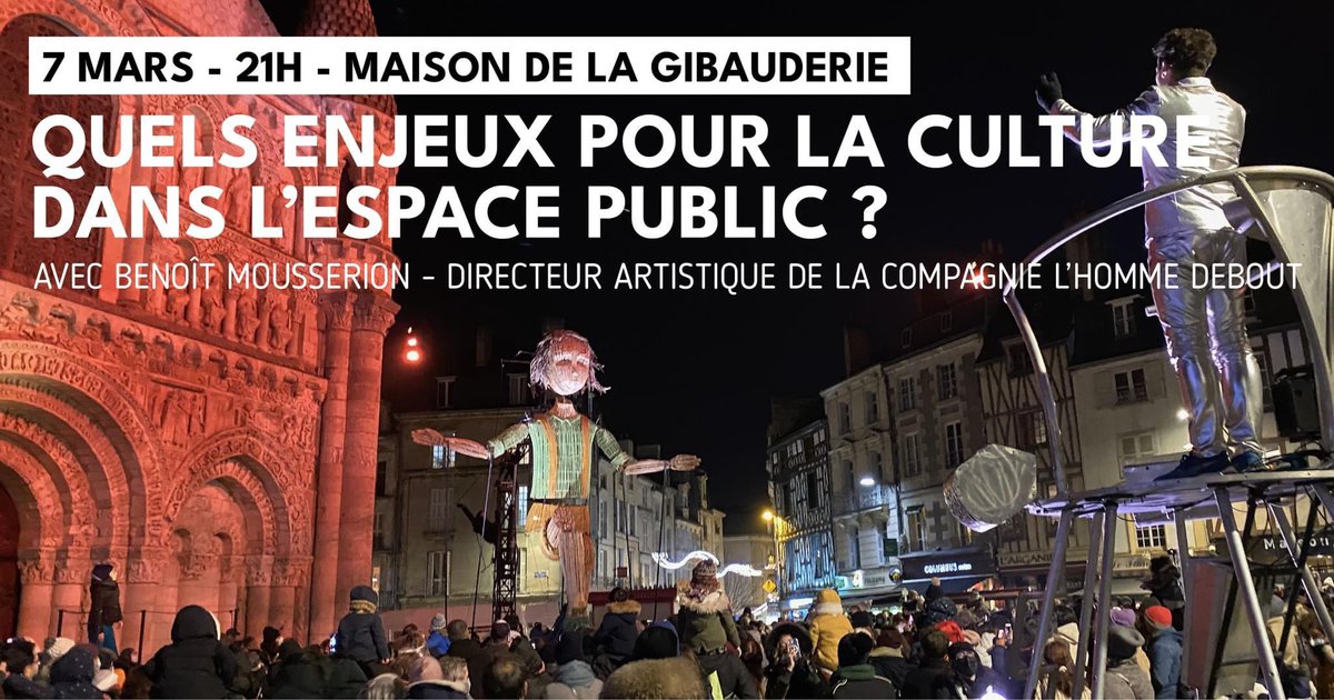 🤩 Ce jeudi, on parle de culture (ou des cultures !) dans l'espace public !
Pour partager nos interpellations et réflexions, Benoît Mousserion directeur artistique de la Cie l'Homme Debout sera notre invité.
RDV à la Maison de la Gibauderie pour une soirée conviviale et ouverte !