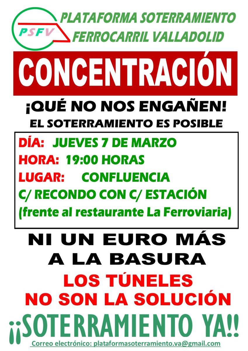 Sote1Plataforma's tweet photo. CONCENTRACIÓN este próximo jueves 7 de marzo a las 19:00 en confluencia C/Recondo con C/Estación frente al restaurante La Ferroviaria. El soterramiento es la única solución integral y de futuro para Valladolid. https://t.co/EFMff0Flgq