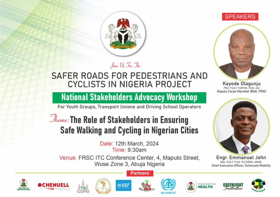 Join us for this strategic advocacy national workshop for youth groups, transport unions and driving school operators this coming Tuesday, with the frame of the Safer Roads for Pedestrians and Cyclists in Nigeria Project, thanks to <a href="/UN_RSF/">UNRSF – UN Road Safety Fund</a> and <a href="/UNHABITAT/">UN-Habitat</a>