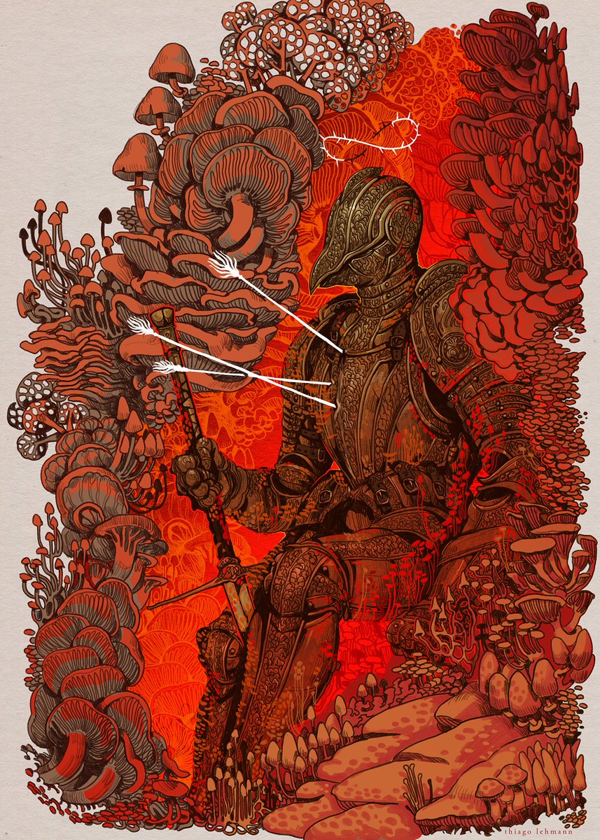 "Dream in Red" is finally done! (aka mushroom knight)

 Quite happy with this one. I've been doing a series of paintings with similar themes but they were all a bit sketchy and unfinished until now.
Happy to share a bit of process as well 🧶