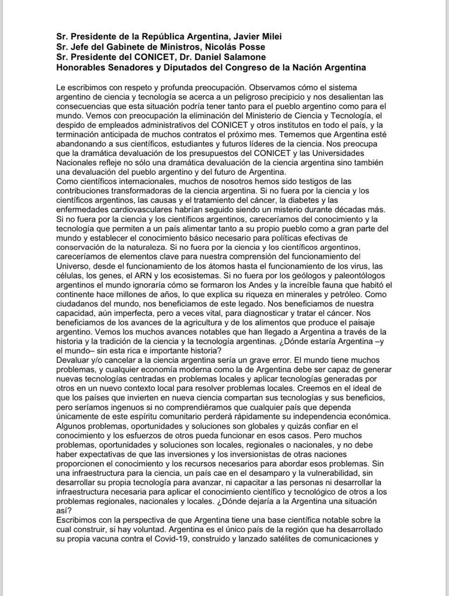 jaimeperczyk's tweet photo. 68 Premios Nobel de todo el mundo destacan la calidad y excelencia del sistema científico tecnológico argentino y le piden al presidente Milei que restituya el presupuesto para su correcto funcionamiento. 

#AbrazoMundialCienciaArgentina https://t.co/e4L3IrkMLr