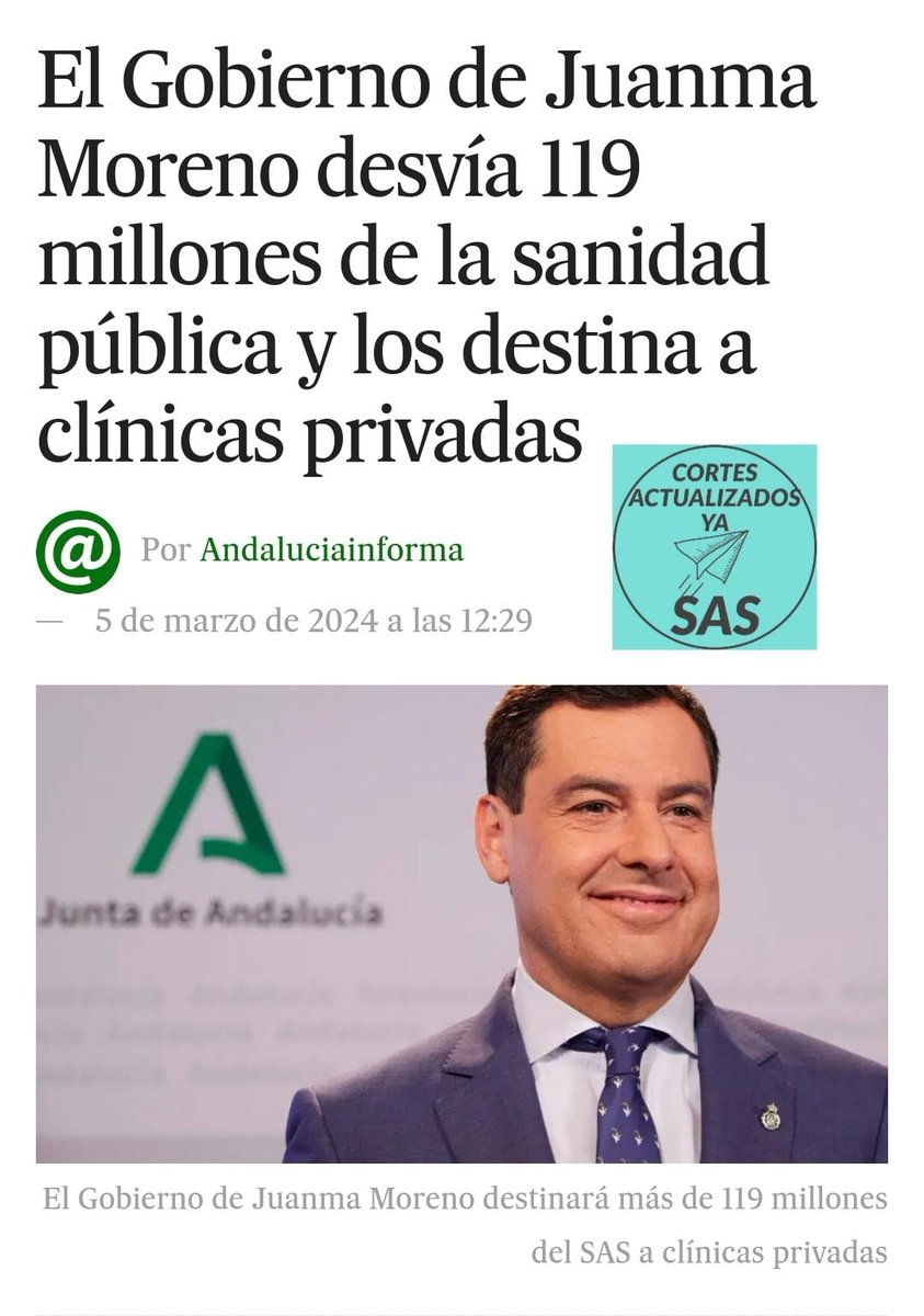 cortes actualizados ya (@actualizadosya) on Twitter photo ❌️ !!Otra vez más <a href="/JuanMa_Moreno/">Juanma Moreno</a> gasta tu 💰 en la privada de sus colegas alegando que no hay profesionales en la pública
⭕️ Mientras tanto 300.000 profesionales esperamos los cortes actualizados que <a href="/LinaGarcia_AND/">Catalina García</a> prometio saldrian en Marzo para poder trabajar en el #sas ❌️ !!Otra vez más <a href="/JuanMa_Moreno/">Juanma Moreno</a> gasta tu 💰 en la privada de sus colegas alegando que no hay profesionales en la pública
⭕️ Mientras tanto 300.000 profesionales esperamos los cortes actualizados que <a href="/LinaGarcia_AND/">Catalina García</a> prometio saldrian en Marzo para poder trabajar en el #sas