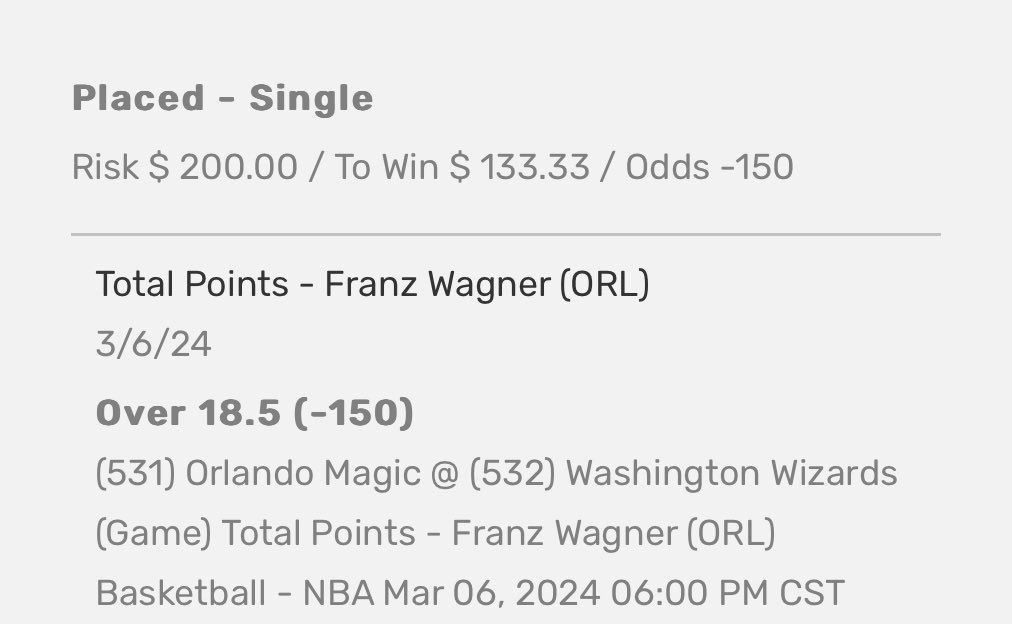 SunDevilSharp's tweet photo. POD: Franz Wagner ⬆️ 18.5 points 

Bovada: -150

Risk: 2 u

He’s went under his line the last 9 games. He’s gone over the past 8 games against the Wizards. This is a great bounce back spot for Franz. https://t.co/h4qQZhbw6M