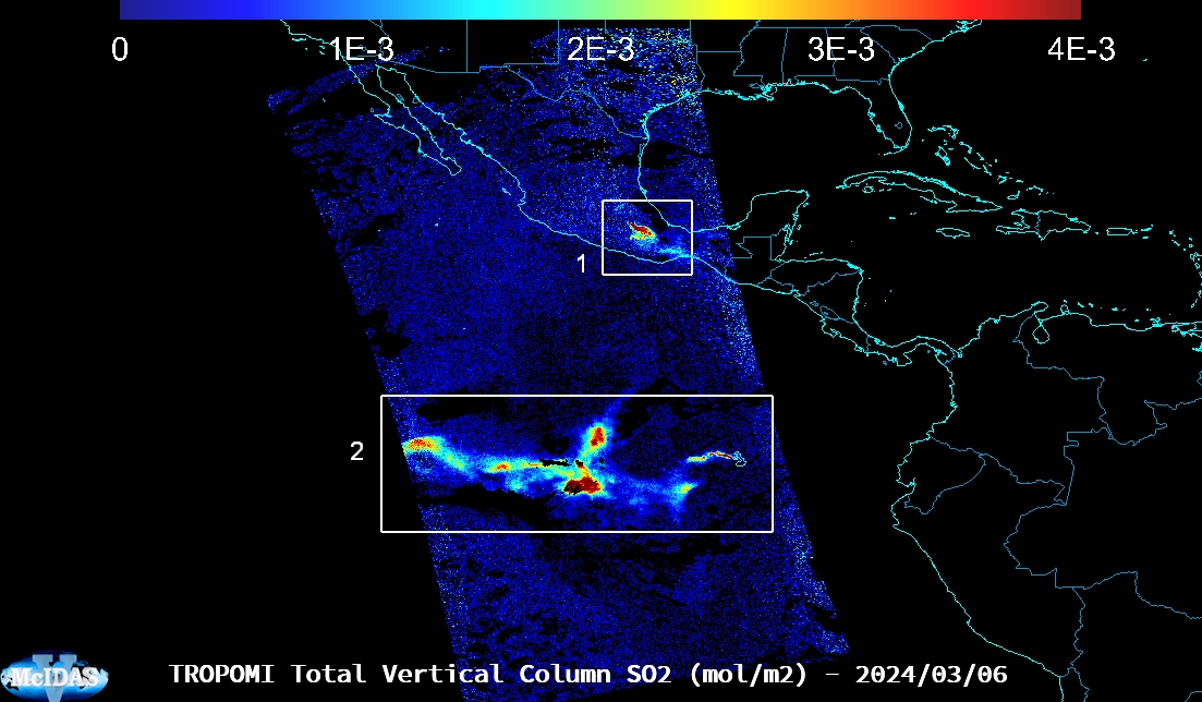 TROPOMI detecting volcanic SO2 plumes from #Popocatepetl in #Mexico and #LaCumbre in the #Galapagos Islands on 03/06/2024.  Made with McIDAS-V.