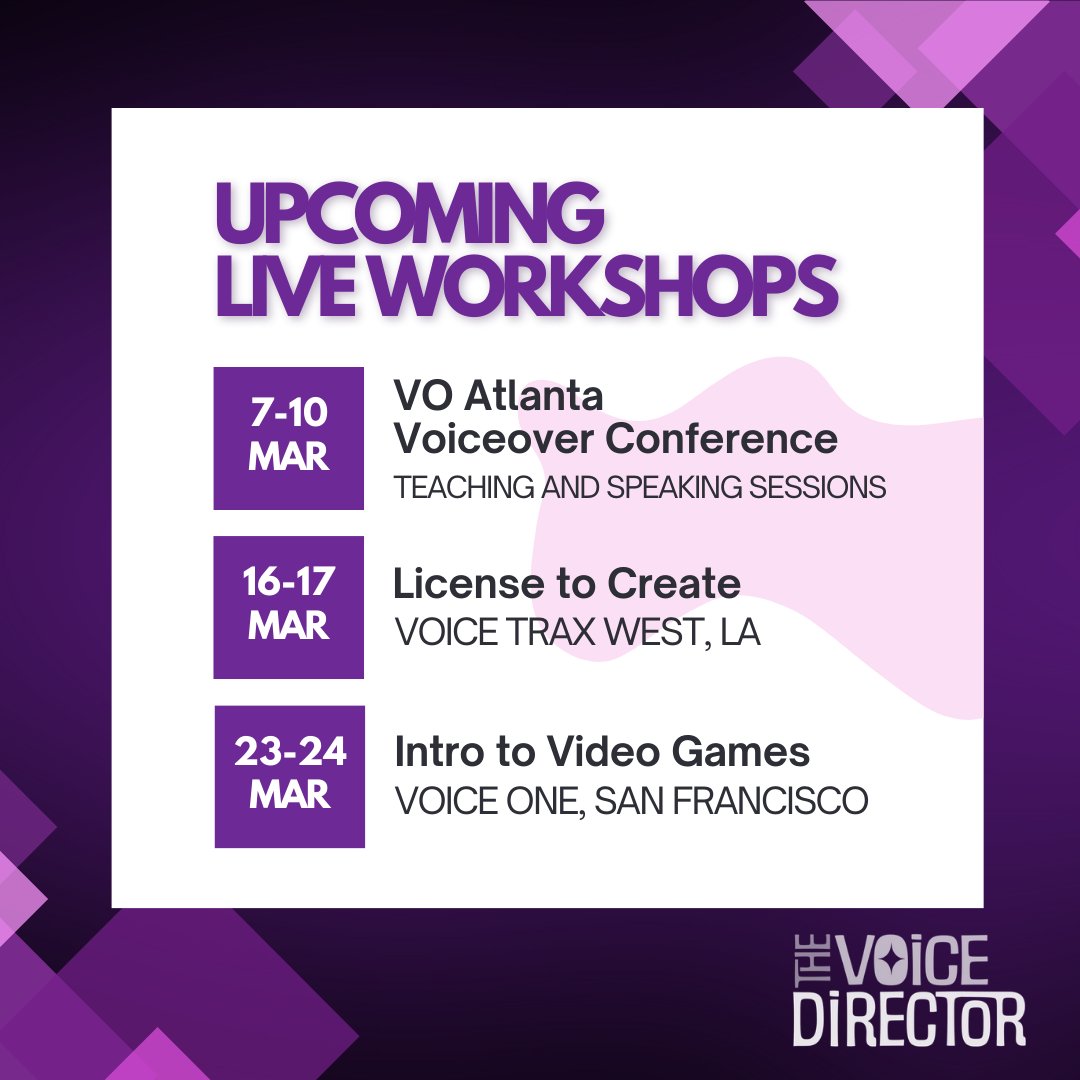 Looking forward to seeing new and familiar faces at our upcoming live events.  Find out more at thevoicedirector.world

#voiceover #videogames #videogamevoiceover #voicedirection #voicedirecting #thevoicedirector