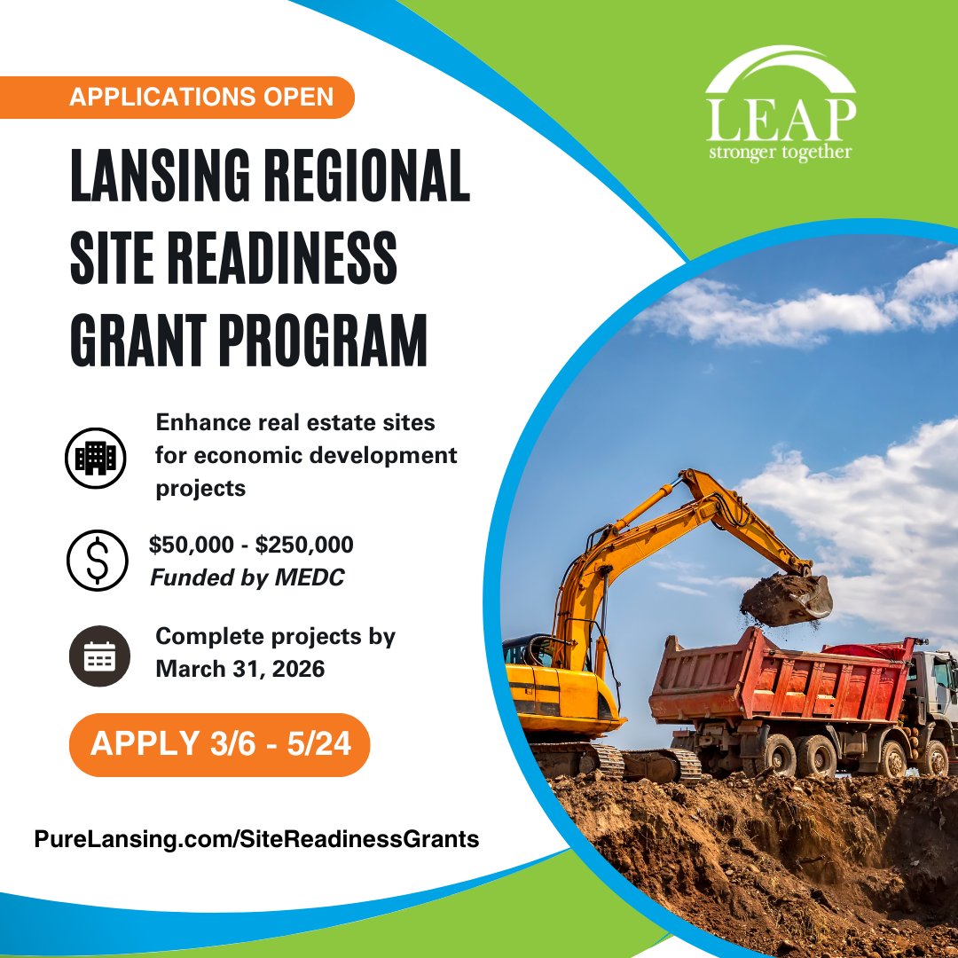 LEAP is proud to announce the launch of our Lansing Regional Site Readiness Grant Program! This initiative is geared towards boosting development opportunities across Clinton, Eaton, and Ingham counties. 🏗️ Learn more: purelansing.com/sitereadinessg…