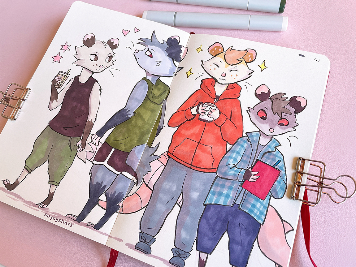 Opossum crew. Sketchbook spread from my most recent stream #furryart