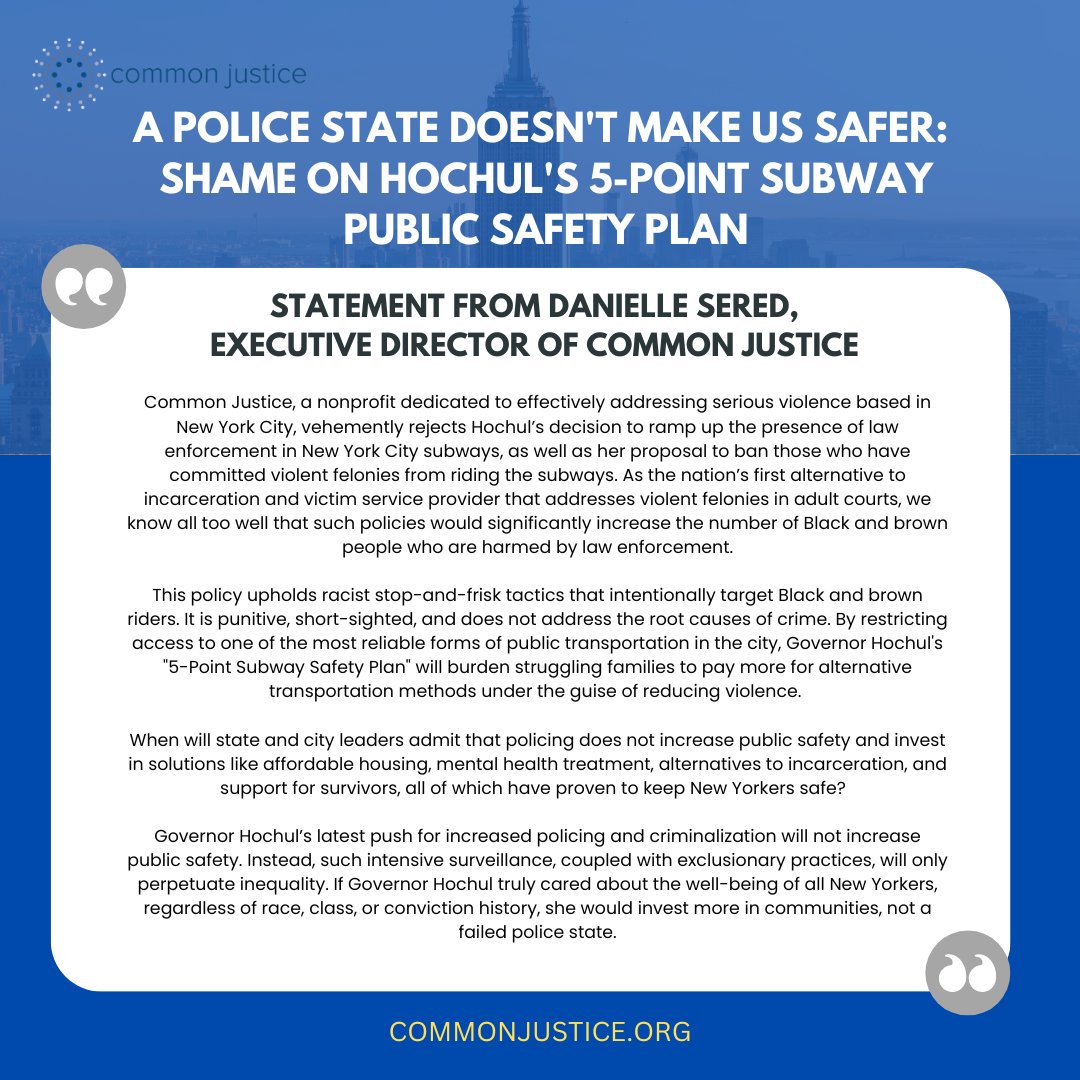 The 5-point subway safety plan to increase law enforcement and ban those who have committed violent felonies from riding the subways is harmful and a direct attack against Black and Brown riders. We need to invest in real solutions to violence like affordable housing, mental