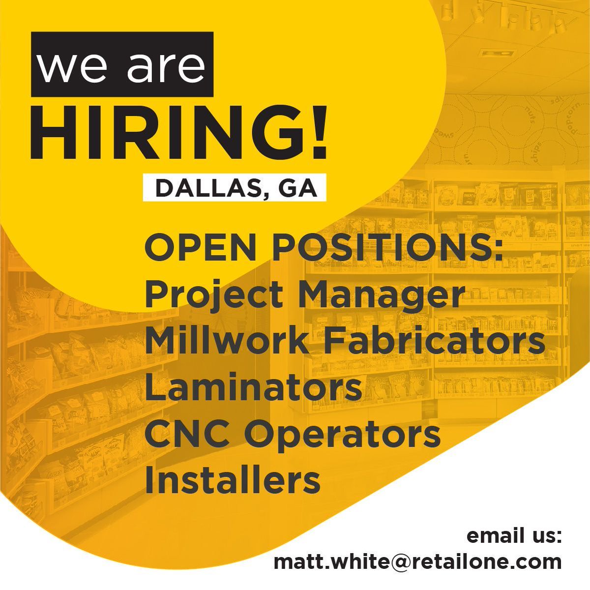 RetailOneATL's tweet photo. Join Our Team!
If you are motivated and ready to take on new challenges, we want to hear from you!

Positions Available:
• Project Manager
• Millwork Fabricators
• Laminators
• CNC Operators
• Installers

Email: matt.white@retailone.com
#Hiring #growing #greatplacetowork https://t.co/iJrQMQ1k19