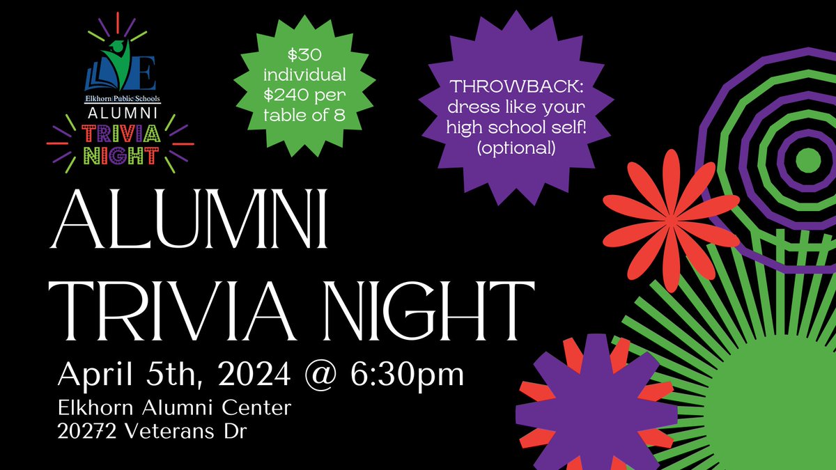 ElkhornPSFoundation (@foundationeps) on Twitter photo For a good time, come to our 2nd annual Alumni Trivia Night on Friday, April 5th. Winning class year gets their graduating year on the massive traveling trophy- take it around and show it off, you can't beat that for bragging rights! RSVP here: elkhornalumni.org/alumni_trivia_… For a good time, come to our 2nd annual Alumni Trivia Night on Friday, April 5th. Winning class year gets their graduating year on the massive traveling trophy- take it around and show it off, you can't beat that for bragging rights! RSVP here: elkhornalumni.org/alumni_trivia_…