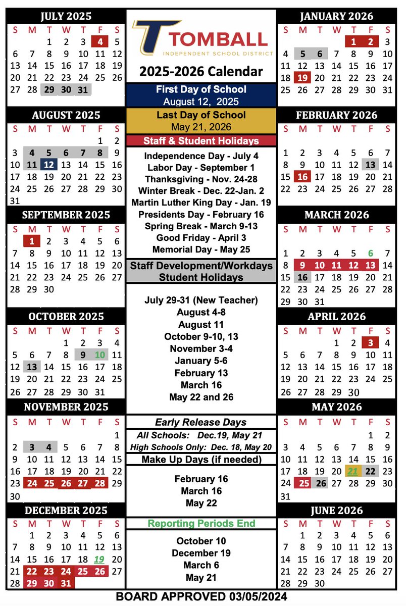 The @TomballISD Board of Trustees approved the Instructional Calendar for the 2025-2026 school year (shown here) as recommended by the TISD Calendar Committee on March 5. To also view next year's 2024-2025 Instructional Calendar, visit our website: tomballisd.net/families/instr…