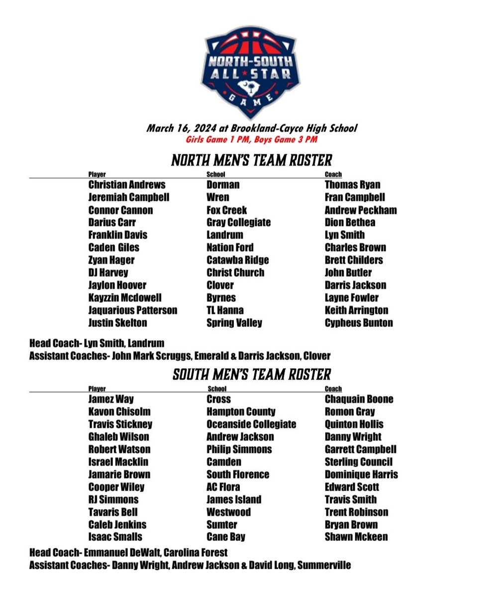 Rosters for <a href="/SCBCA/">South Carolina Basketball Coaches Association</a> North-South games to be played 1 pm and 3pm  March 16 at Brookland-Cayce
@GCAHoops1 <a href="/SV_BoysBBallSC/">Spring Valley Boys 🏀 SC</a> <a href="/camden_hoops/">Camden_Hoops</a> <a href="/FloraBHoops/">AC Flora Boys Basketball</a> <a href="/RedhawkMBB/">Westwood Basketball</a> <a href="/df_girlsbb/">Dutch Fork Girl's Basketball</a> <a href="/CamdenGBB/">Camden Girls BB</a> @RedhawksGBBall