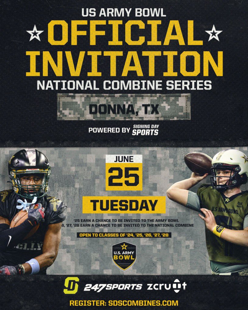 It is an honor! Thank you for the invitation, and looking forward to showcasing what has been instilled in me at Mustang! @1BroncoFootball @MHSBroncoSports @RecruitMustang @MattSeiler_SDS @SDSports @USArmyBowl @ArmyBowlCombine @CoachLeeBlank @coachmac_ @Waleed_Gaines…