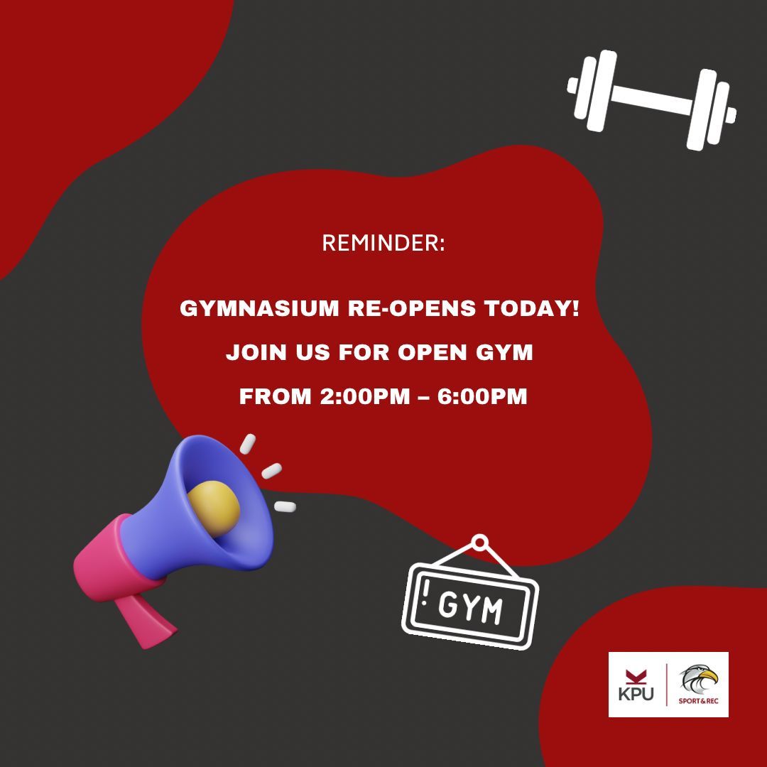 🏋️‍♀️ Exciting news! The KPU Gymnasium is reopening today! Join us for some fitness fun at our open gym session from 2:00pm to 6:00pm. Let’s sweat, smile, and stay healthy together! 💪

Link: buff.ly/4c3ykDw