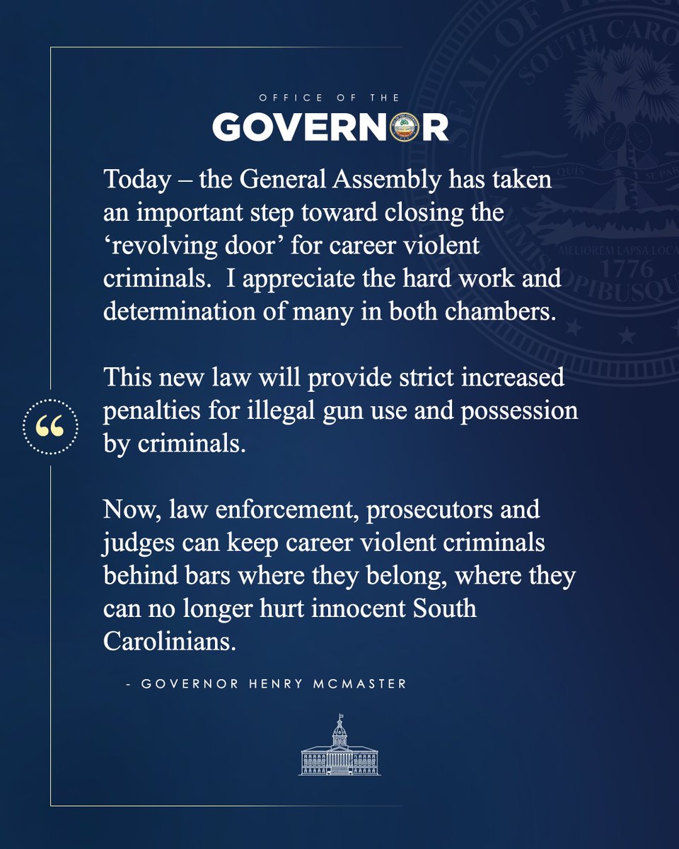 My statement on the South Carolina House and Senate's passage of H. 3594, Constitutional Carry, which includes increased penalties for repeat illegal gun use and possession: