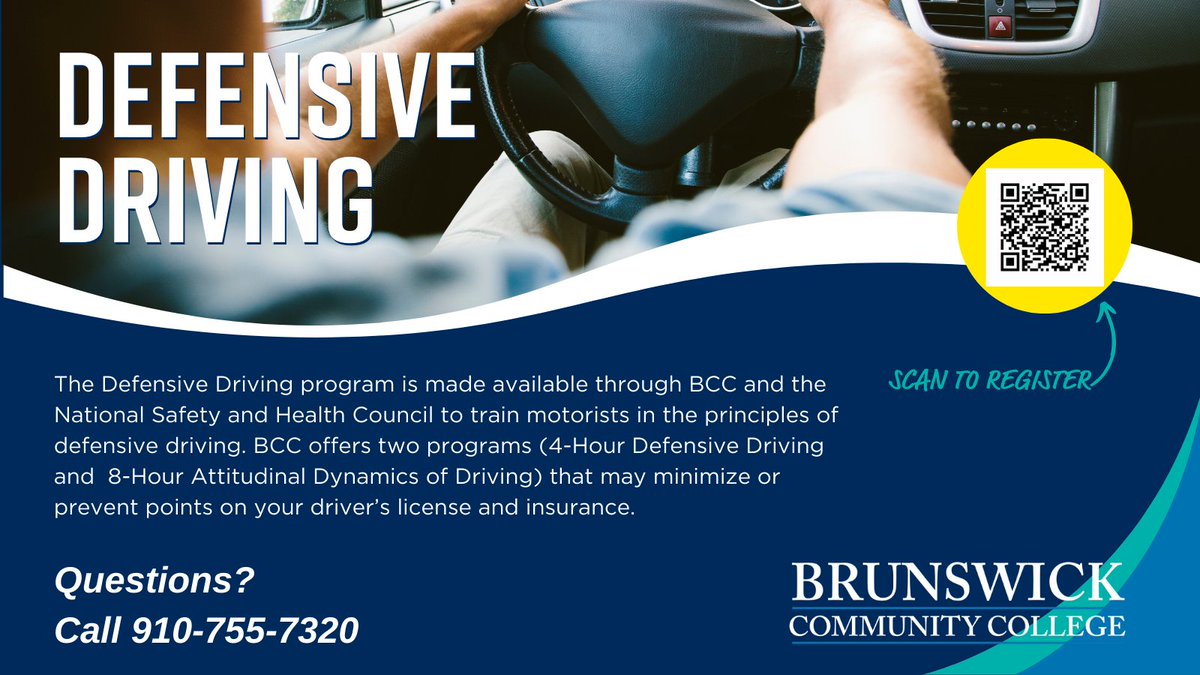 Brunswick_CC's tweet image. Level up your driving skills with BCC&apos;s Defensive Driving program! Choose between our 8-Hour Attitudinal Dynamics of Driving or 4-Hour Defensive Driving courses. Secure your spot today and drive safer tomorrow! Learn more at (910) 755-7320. 🚗💨 #DefensiveDriving #YOUcanBCC