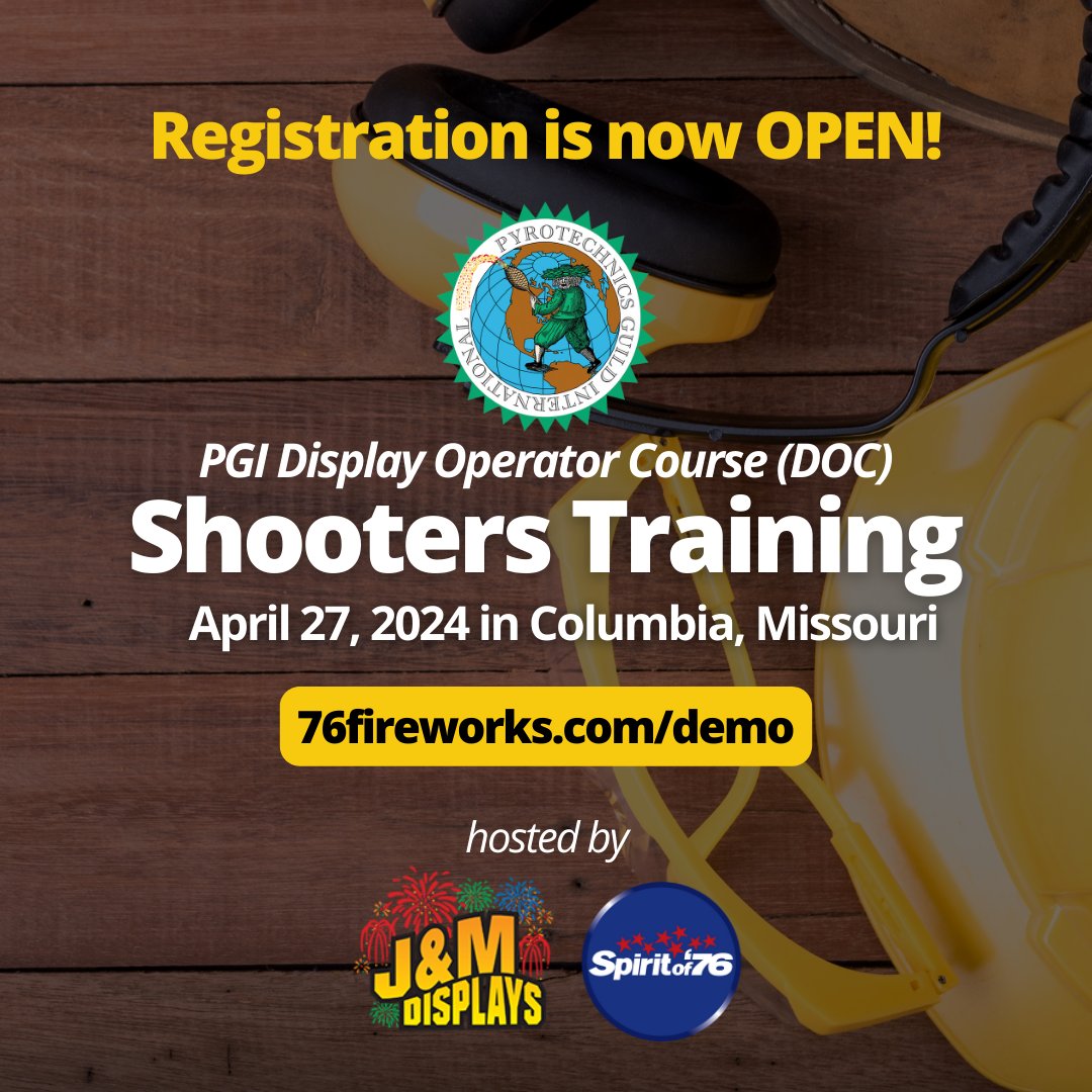Registration is officially OPEN for the PGI Display Operators Course we are hosting on Saturday, April 27th in conjunction with our 2024 Spring Demo! Visit our demo page 76fireworks.com/demo to learn more.