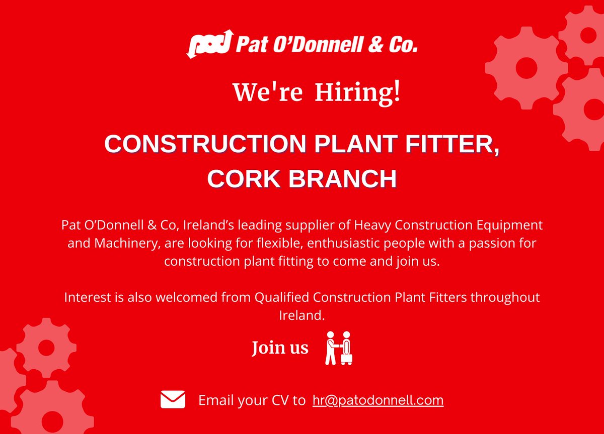 Calling Ireland's best and brightest! 🛠️ Pat O'Donnell & Co, is looking for qualified Construction Plant Fitters in Cork. Join us today & unleash your full potential! ⭐ ️ Apply today by sending your CV & Cover Letter to hr@patodonnell.com. #PlantFitter #CareerOpportunity