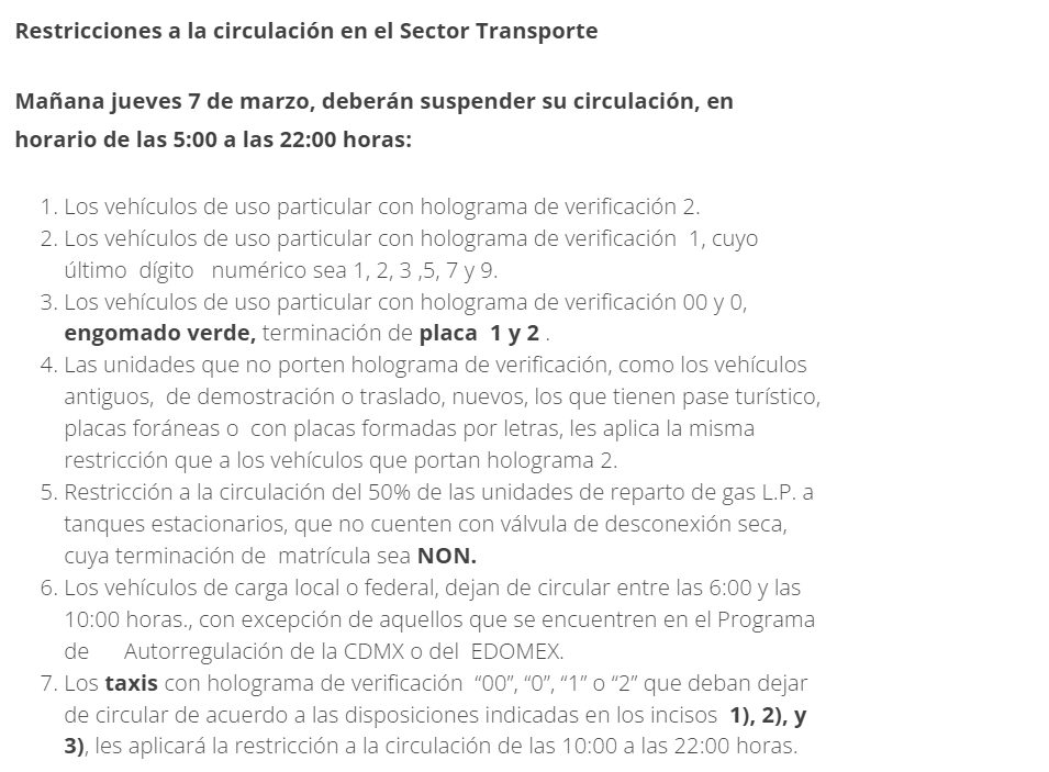 CAMegalopolis's tweet photo. 🧵Restricciones a la circulación en el sector transporte en la ZMVM para este 𝐣𝐮𝐞𝐯𝐞𝐬 𝟕 𝐝𝐞 𝐦𝐚𝐫𝐳𝐨: https://t.co/E0YW38hKhS